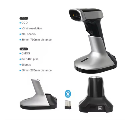 Escáner de códigos de barras Bluetooth inalámbrico para dispositivos móviles Lector de códigos QR 2D con soporte de carga
